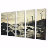 Designart "Wind Turbines Monochrome Coastal Harvest" Landscapes Multipanel Canvas Print set