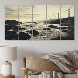 Designart "Wind Turbines Monochrome Coastal Harvest" Landscapes Multipanel Canvas Print set