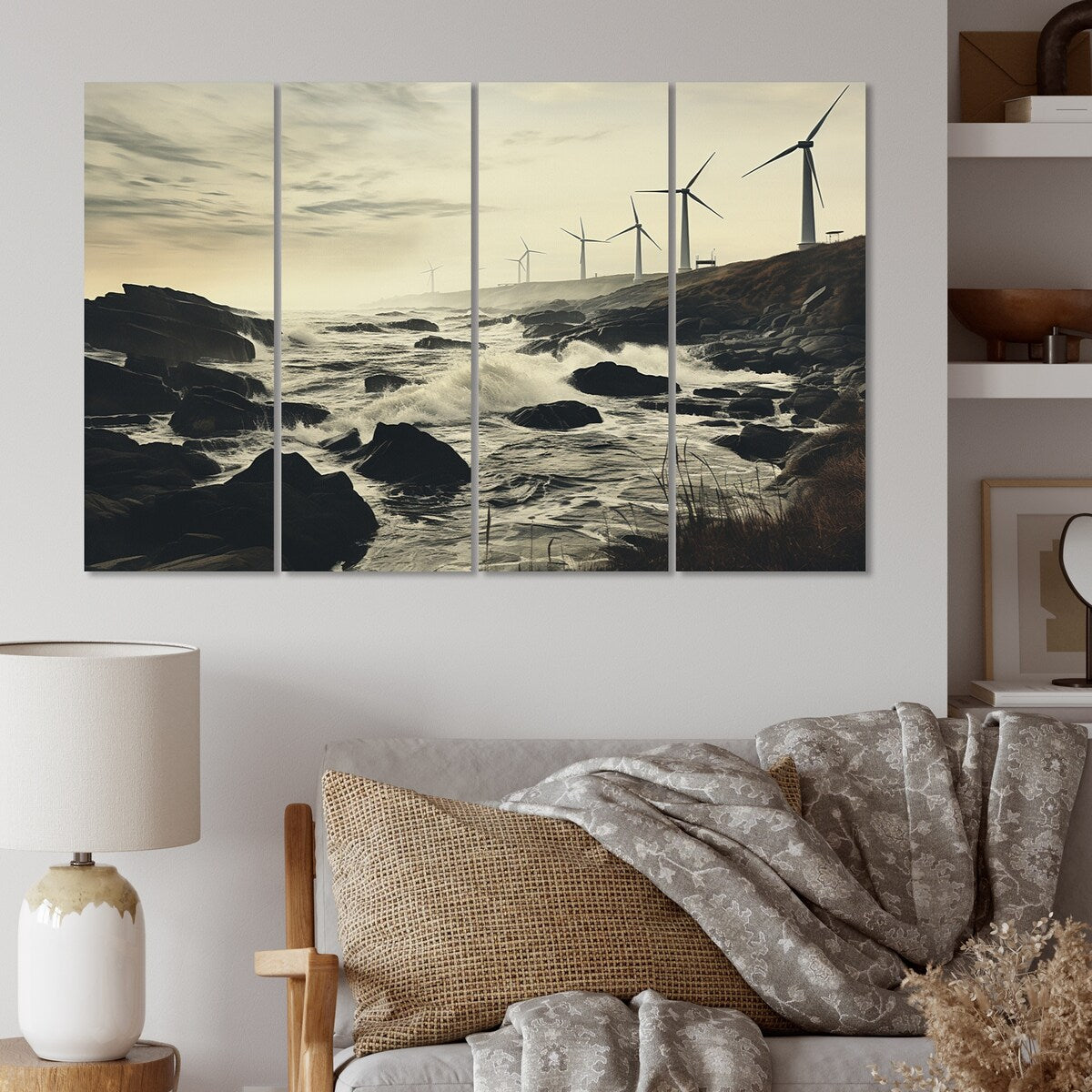 Designart "Wind Turbines Monochrome Coastal Harvest" Landscapes Multipanel Canvas Print set