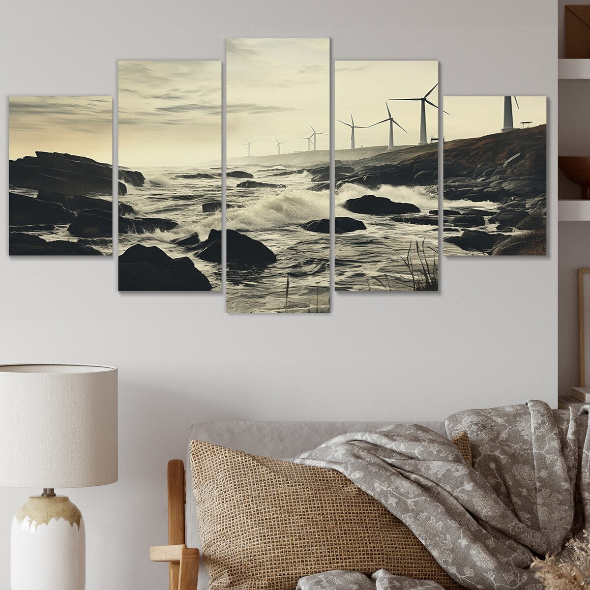 Designart "Wind Turbines Monochrome Coastal Harvest" Landscapes Multipanel Canvas Print set