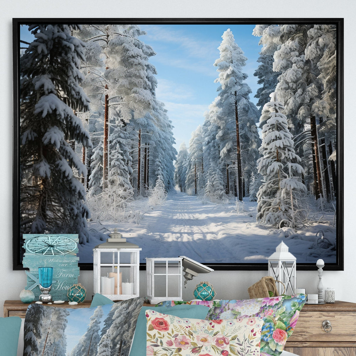 Designart "Winter Snowy Evergreen III" Winter Landscape Framed Wall Art Prints