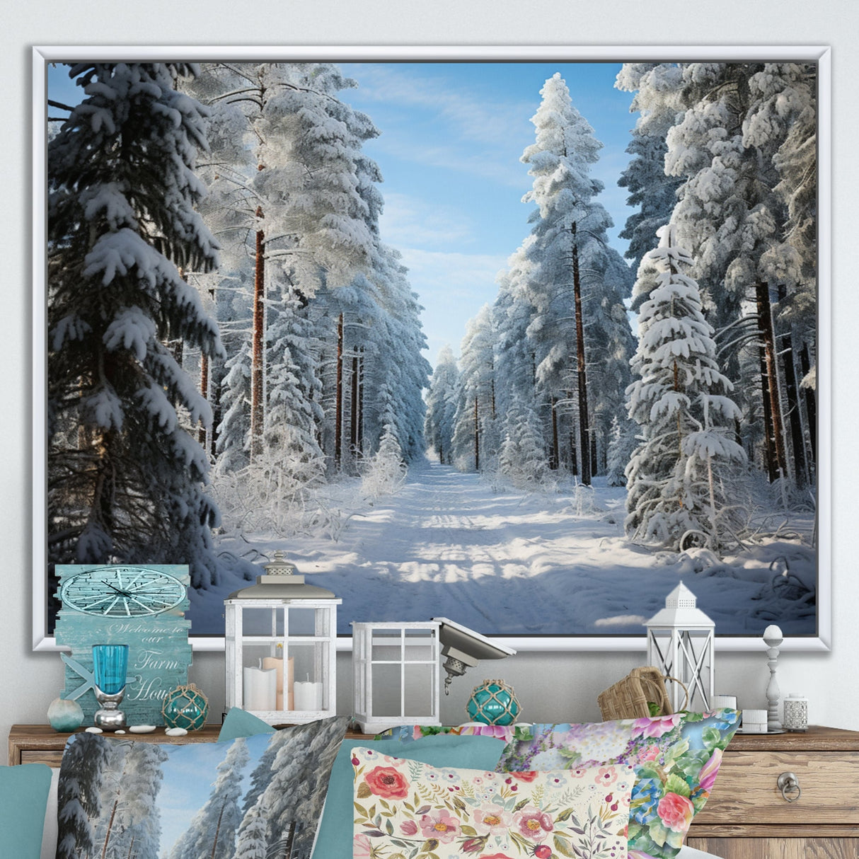 Designart "Winter Snowy Evergreen III" Winter Landscape Framed Wall Art Prints