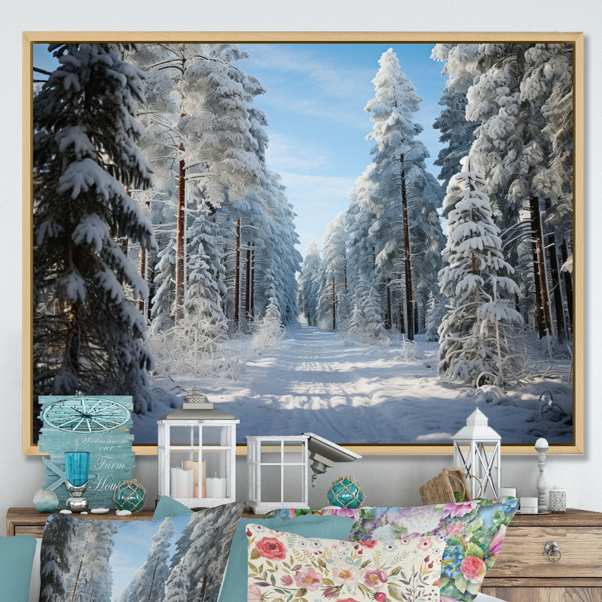 Designart "Winter Snowy Evergreen III" Winter Landscape Framed Wall Art Prints