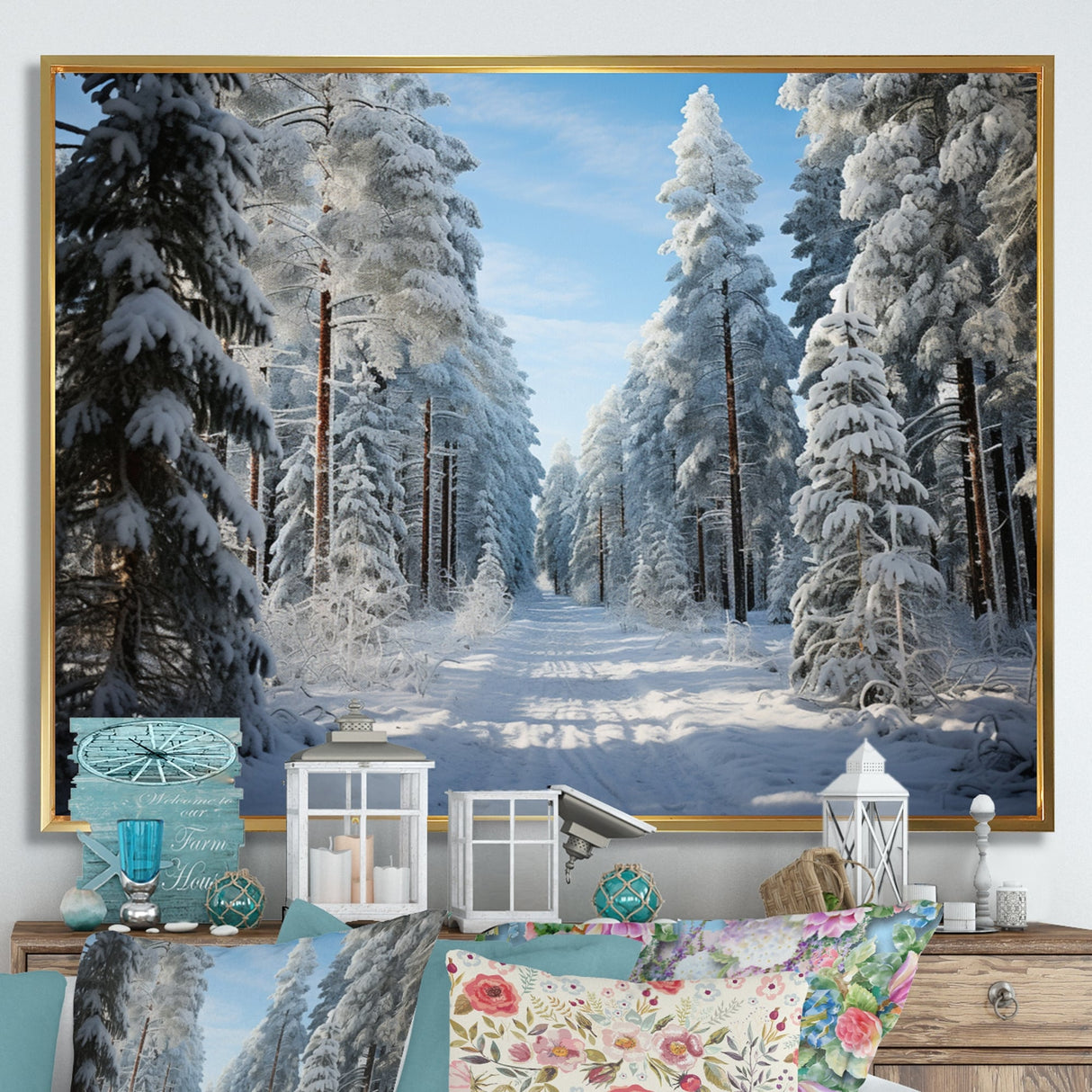 Designart "Winter Snowy Evergreen III" Winter Landscape Framed Wall Art Prints