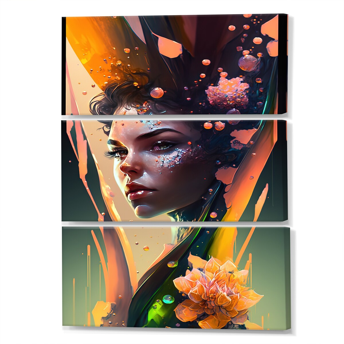 Designart "Woman Portrait With Flowers III" Woman Sci-Fi Canvas Art Print - 3 Panels