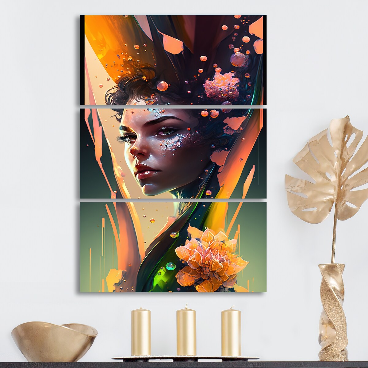 Designart "Woman Portrait With Flowers III" Woman Sci-Fi Canvas Art Print - 3 Panels
