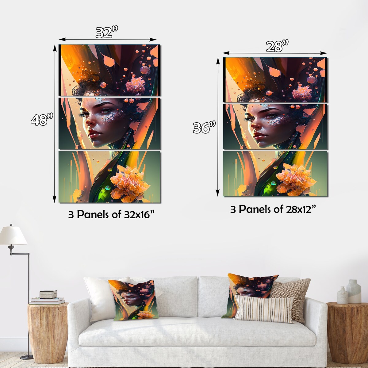 Designart "Woman Portrait With Flowers III" Woman Sci-Fi Canvas Art Print - 3 Panels