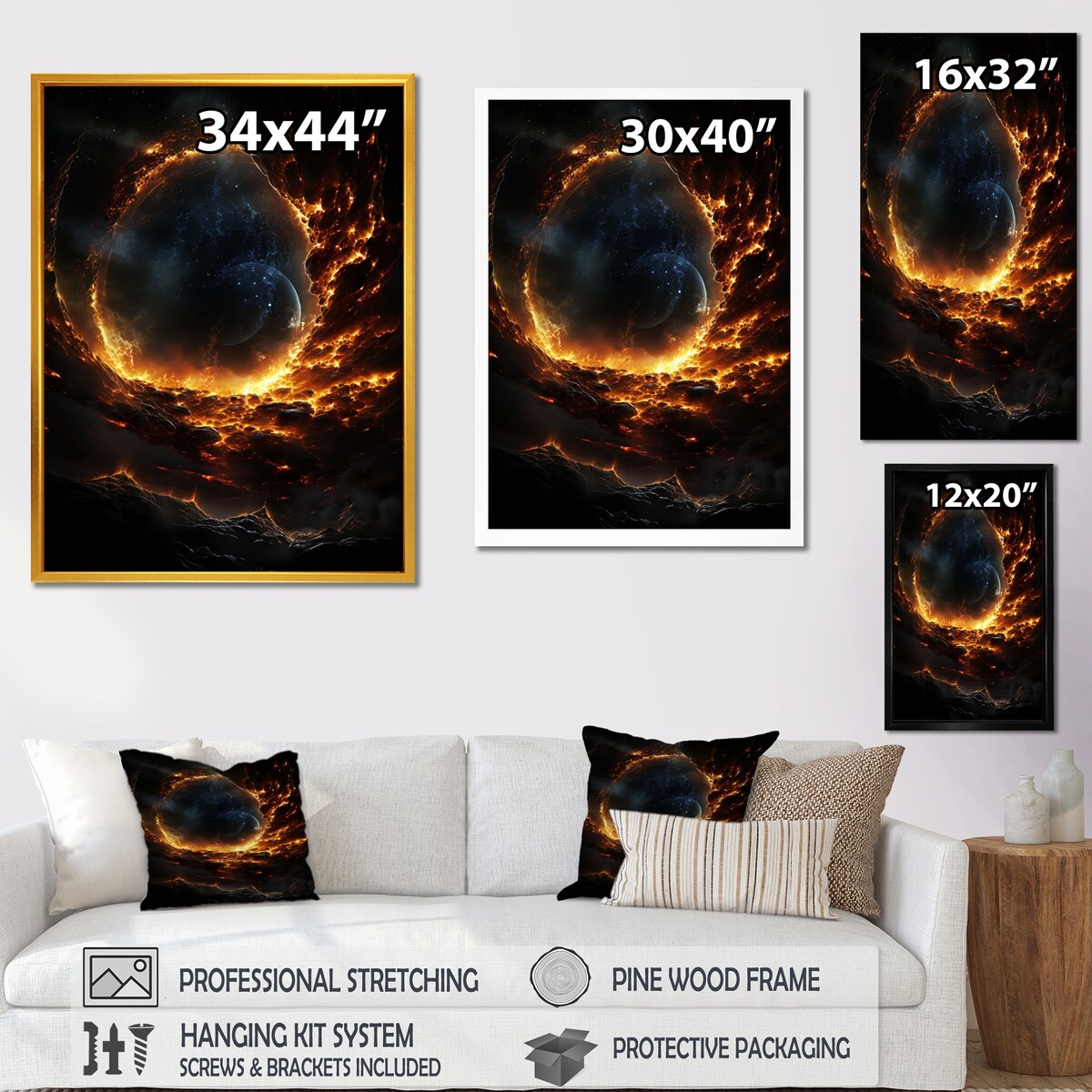 Designart "Yellow And Black Molecular Planet I" Planets Black Wall Decor - Global Entryway Framed Wall Art Print