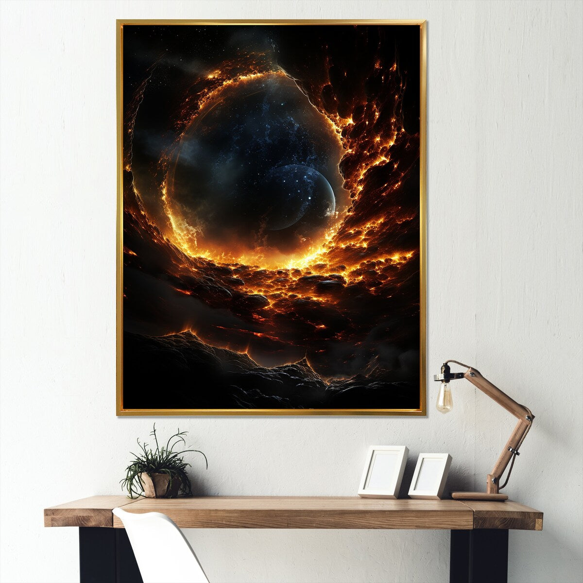 Designart "Yellow And Black Molecular Planet I" Planets Black Wall Decor - Global Entryway Framed Wall Art Print