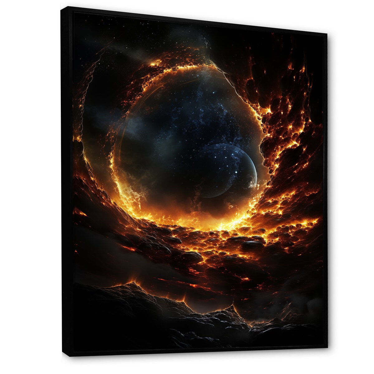 Designart "Yellow And Black Molecular Planet I" Planets Black Wall Decor - Global Entryway Framed Wall Art Print