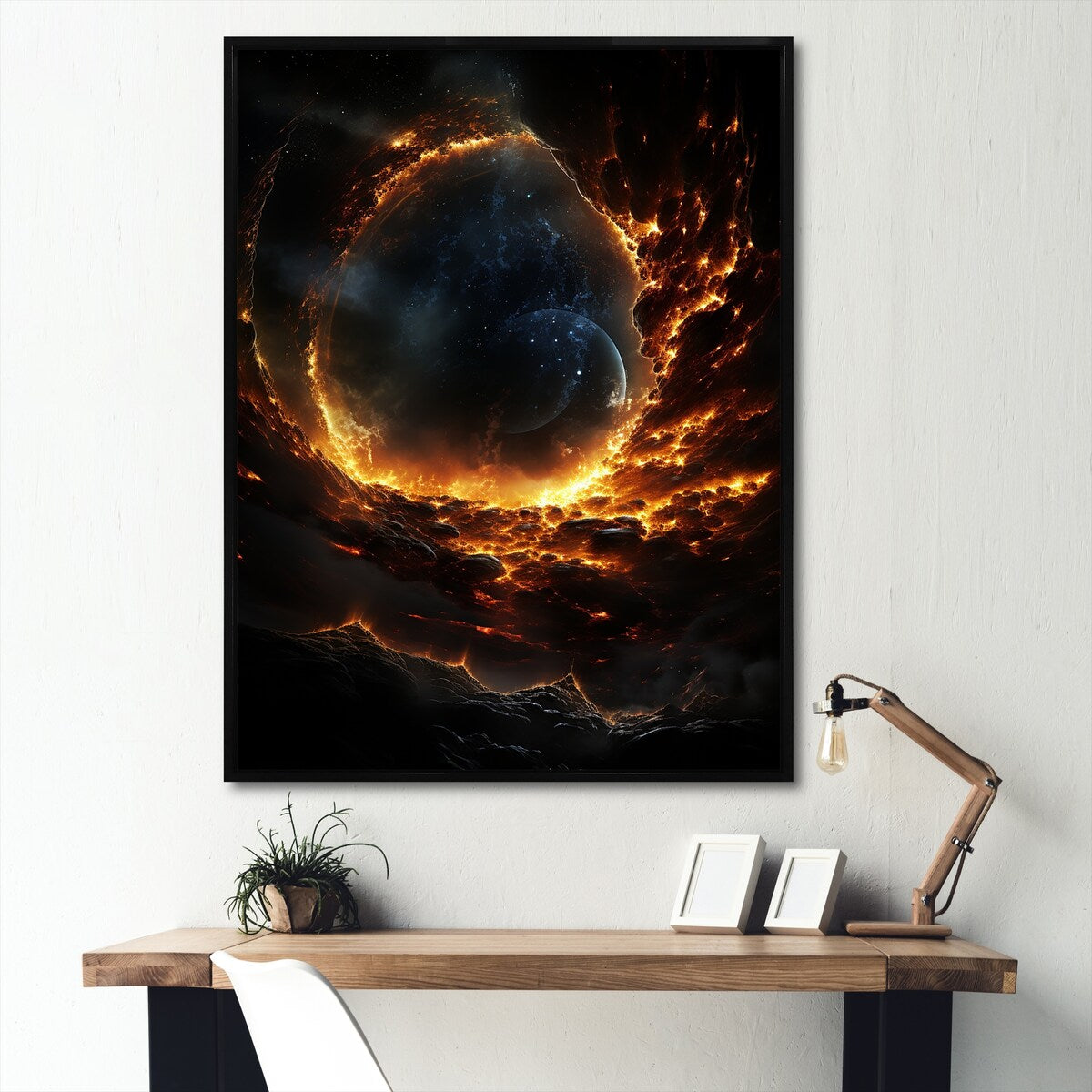 Designart "Yellow And Black Molecular Planet I" Planets Black Wall Decor - Global Entryway Framed Wall Art Print