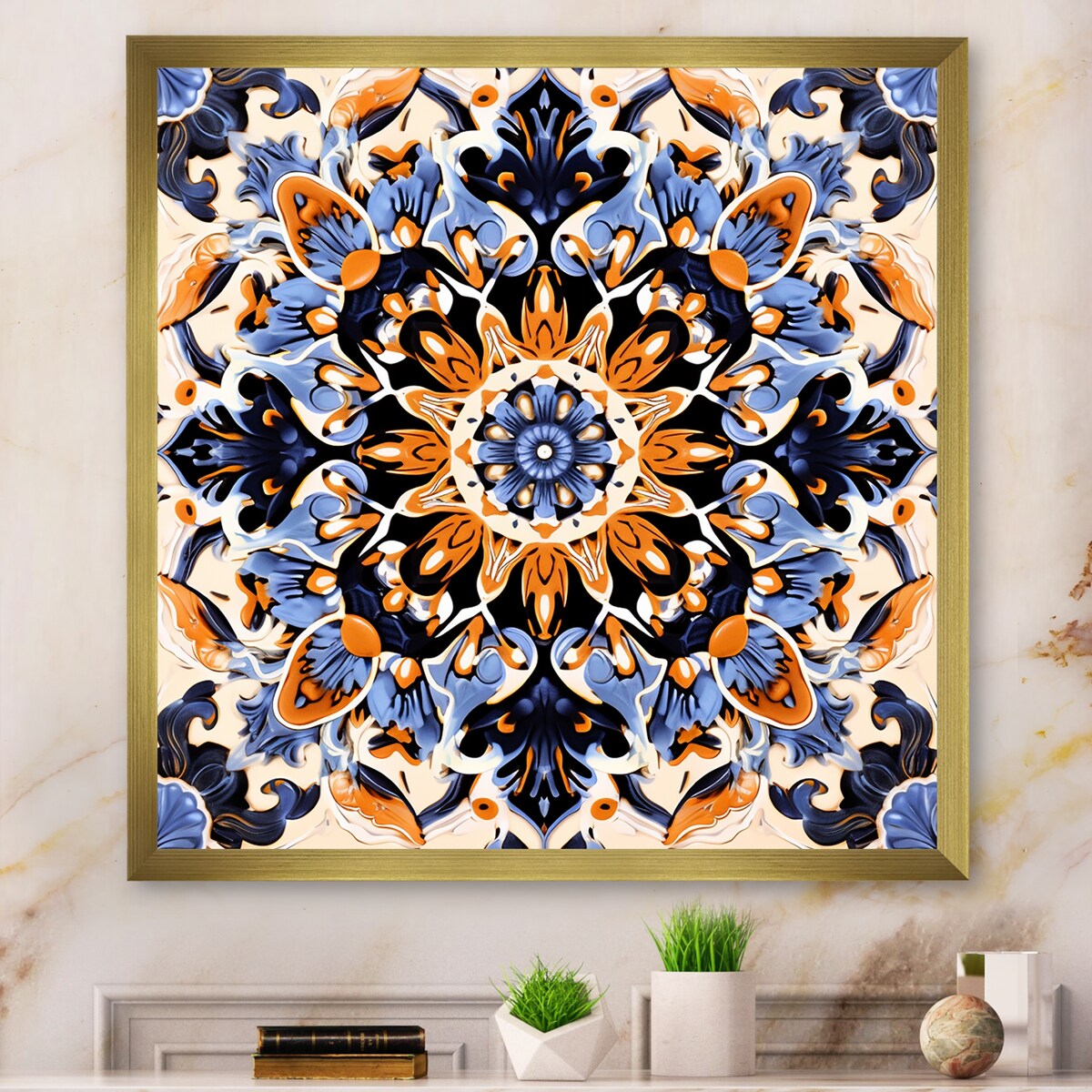 Designart "Yellow And Blue Tiles In Greece III" Abstract Tile Wall Decor Yellow Modern Hallway Framed Wall Art Decor