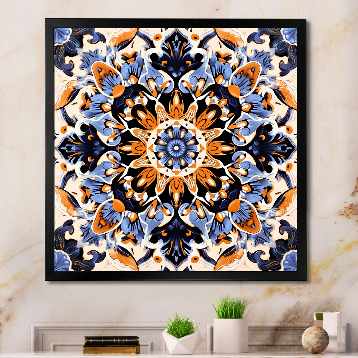 Designart "Yellow And Blue Tiles In Greece III" Abstract Tile Wall Decor Yellow Modern Hallway Framed Wall Art Decor