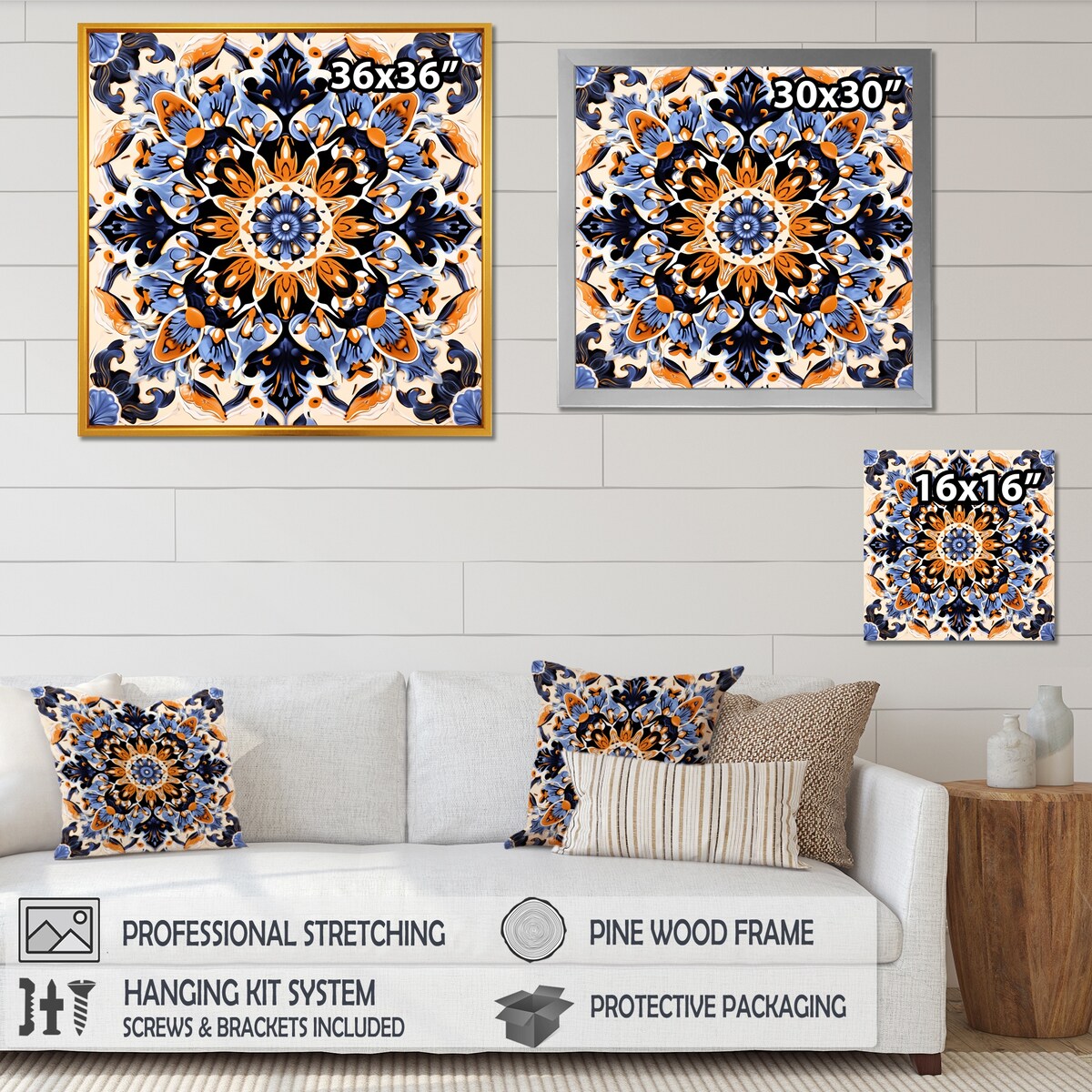 Designart "Yellow And Blue Tiles In Greece III" Abstract Tile Wall Decor Yellow Modern Hallway Framed Wall Art Decor