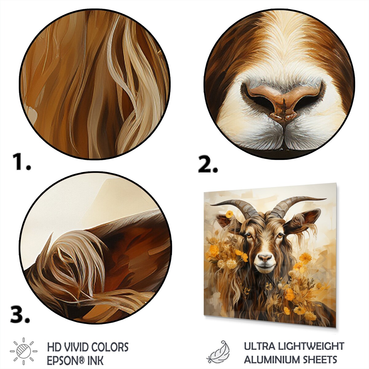 Designart "Yellow And Brown Goat Floral Meadow" Goat Animal Metal Wall Art Brown Metal Wall Décor Modern Metal Art Work