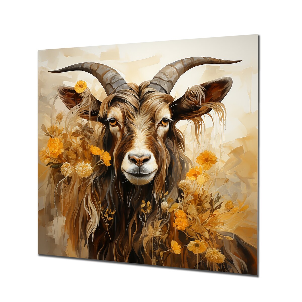 Designart "Yellow And Brown Goat Floral Meadow" Goat Animal Metal Wall Art Brown Metal Wall Décor Modern Metal Art Work