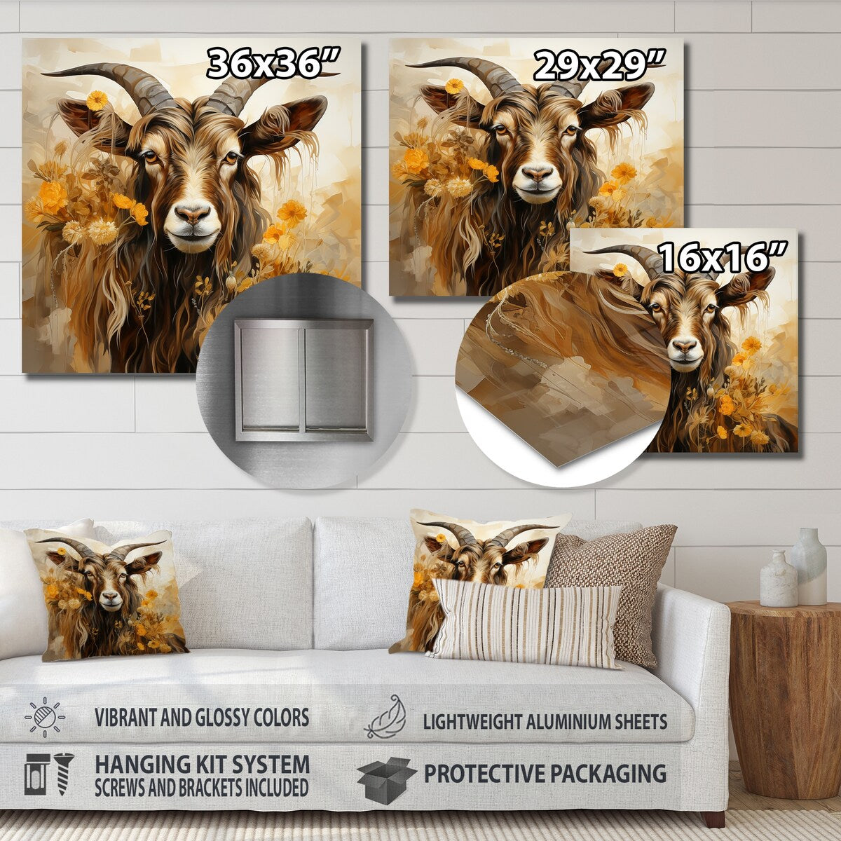 Designart "Yellow And Brown Goat Floral Meadow" Goat Animal Metal Wall Art Brown Metal Wall Décor Modern Metal Art Work