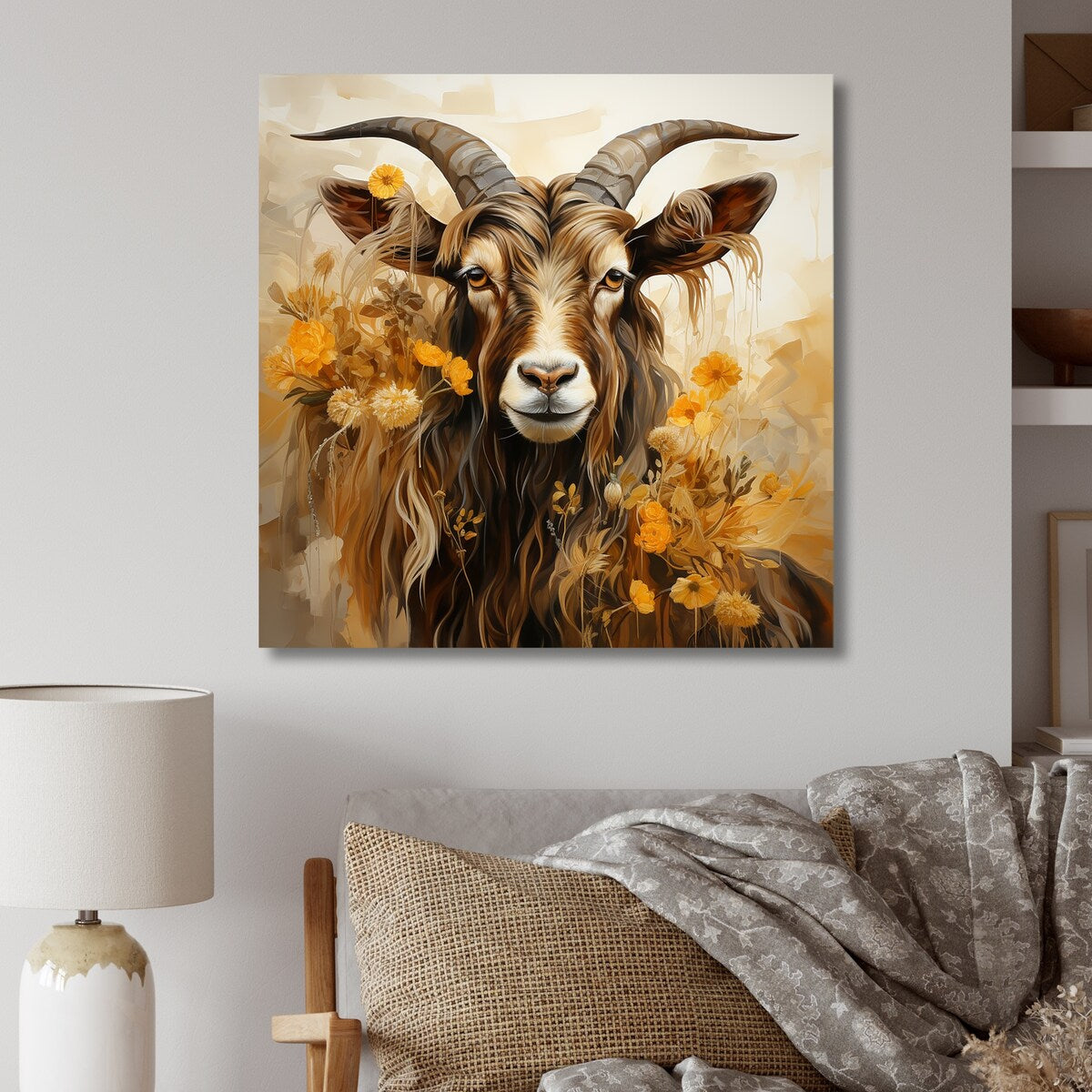 Designart "Yellow And Brown Goat Floral Meadow" Goat Animal Metal Wall Art Brown Metal Wall Décor Modern Metal Art Work