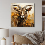 Designart "Yellow And Brown Goat Floral Meadow" Goat Animal Metal Wall Art Brown Metal Wall Décor Modern Metal Art Work