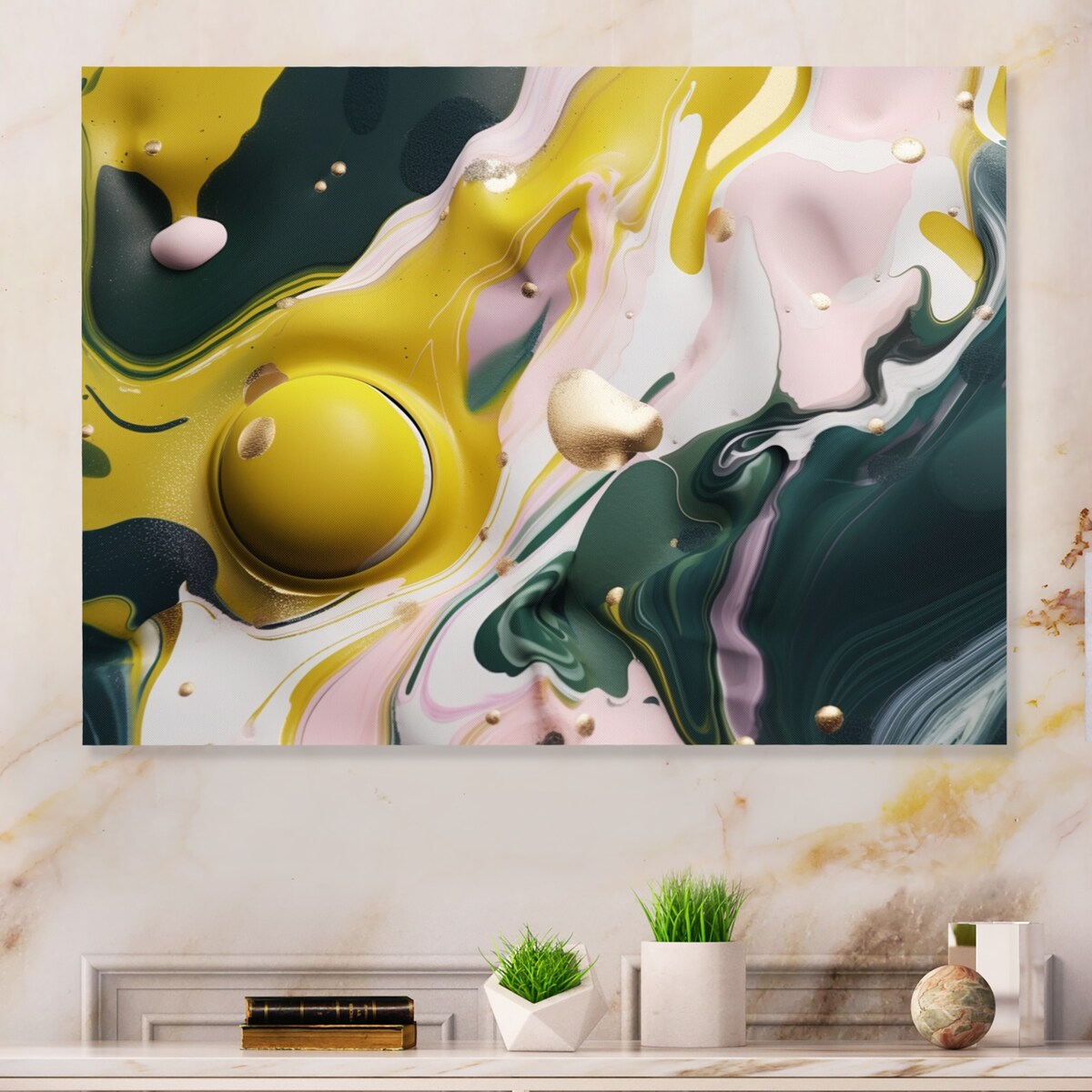 Designart "Yellow And Green Fluid Stone I" Abstract Marble Metal Wall Art