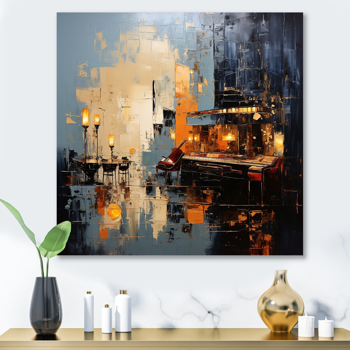 Designart "Yellow And Grey Grand Piano Jazz Cafe I" Music Jazz Yellow Metal Wall Art - Traditional Metal Art Work