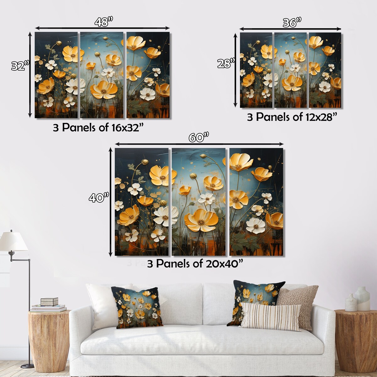 Designart "Yellow Blue Buttercups Golden Glow Patchwork II" Floral Metal Art Print Set