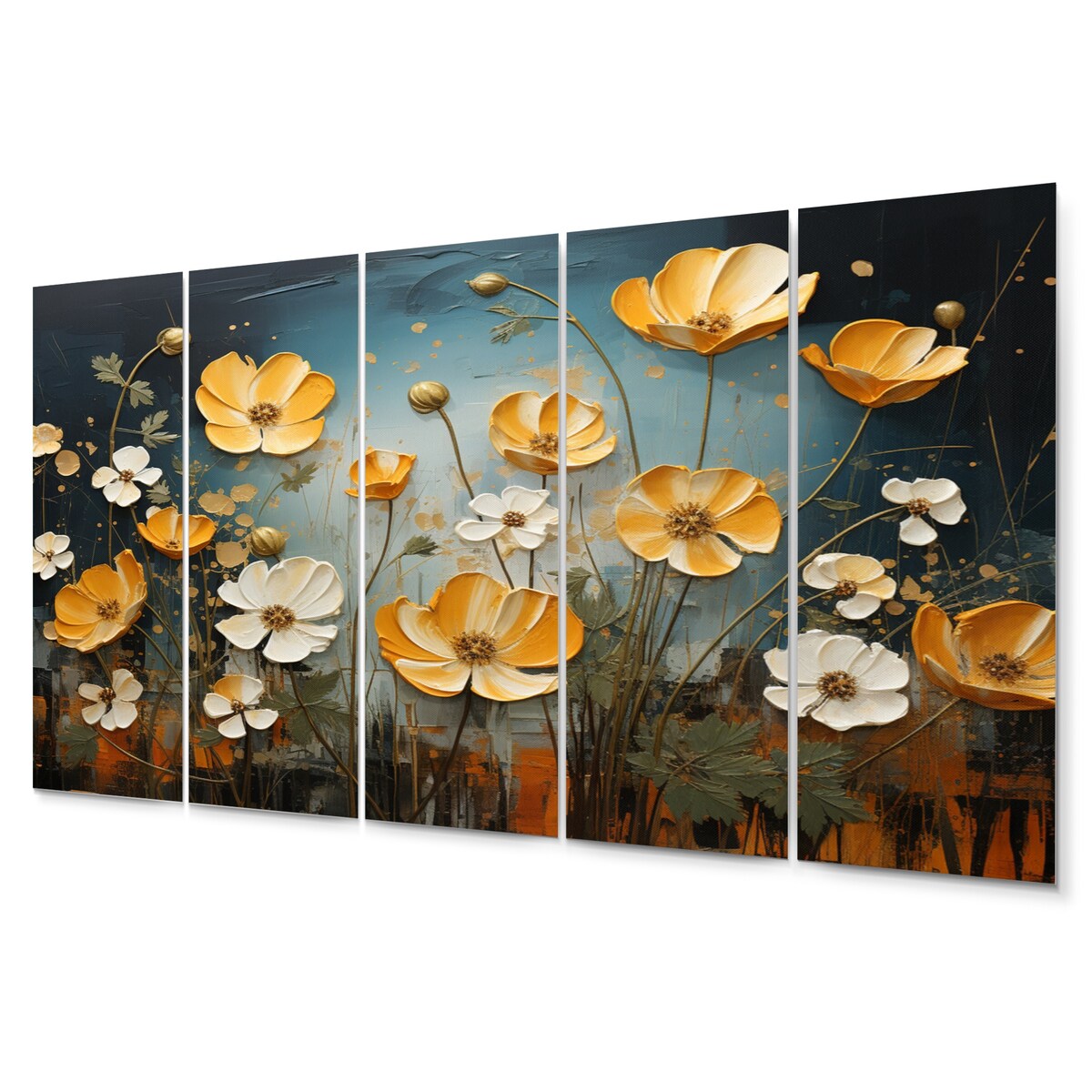 Designart "Yellow Blue Buttercups Golden Glow Patchwork II" Floral Metal Art Print Set