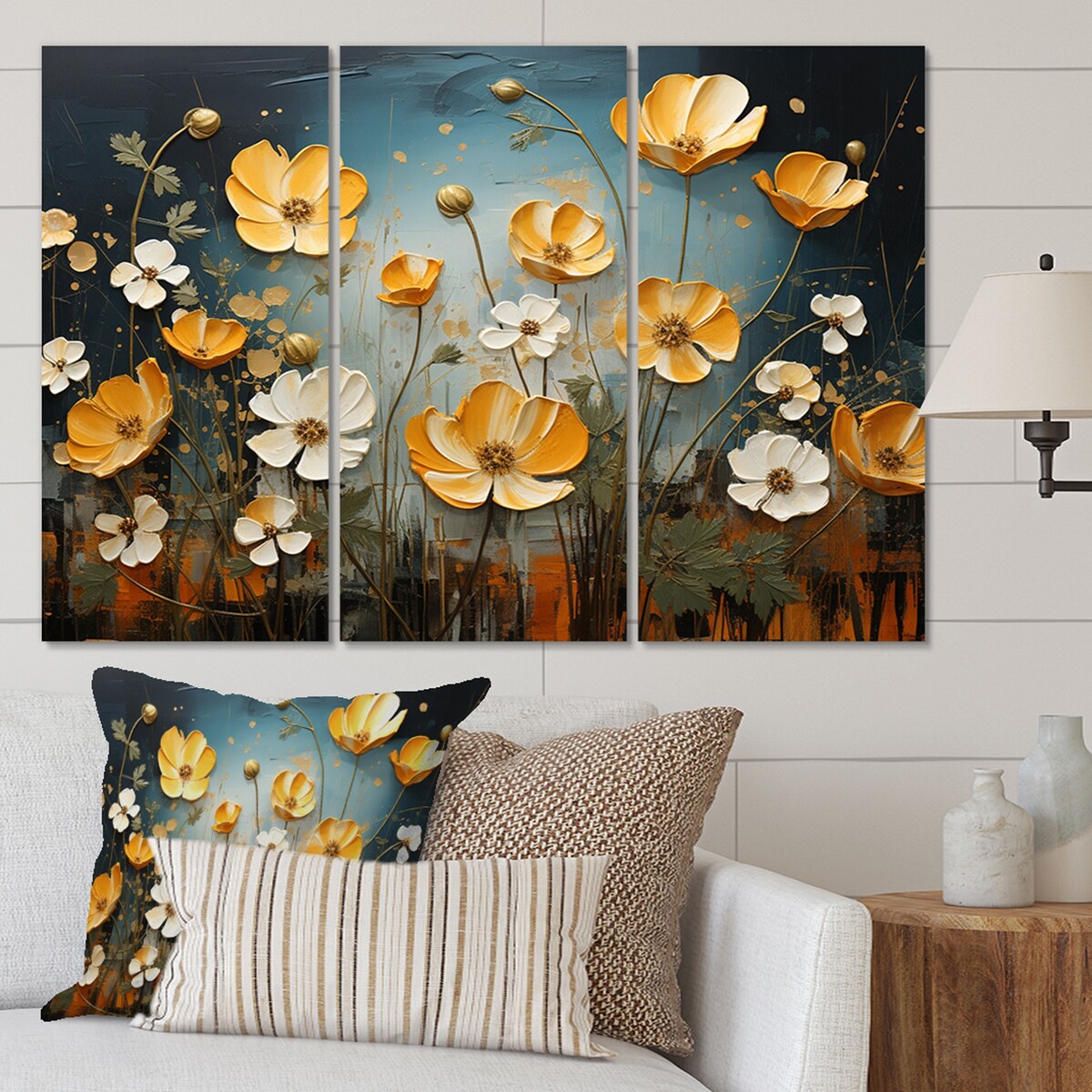 Designart "Yellow Blue Buttercups Golden Glow Patchwork II" Floral Metal Art Print Set