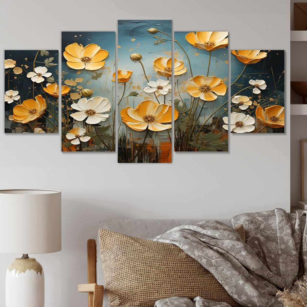 Designart "Yellow Blue Buttercups Golden Glow Patchwork II" Floral Metal Art Print Set
