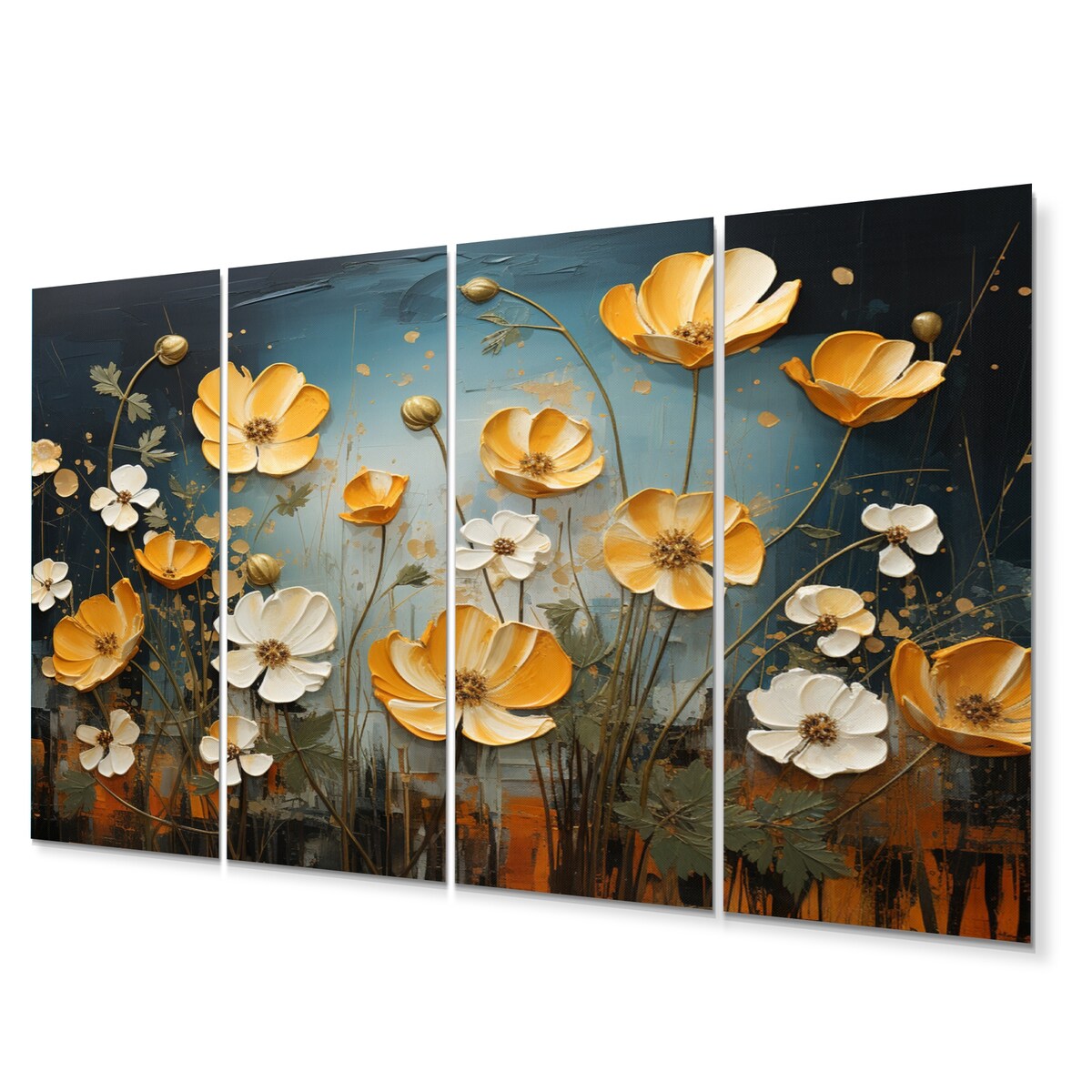 Designart "Yellow Blue Buttercups Golden Glow Patchwork II" Floral Metal Art Print Set