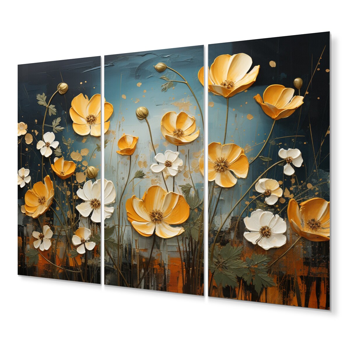 Designart "Yellow Blue Buttercups Golden Glow Patchwork II" Floral Metal Art Print Set
