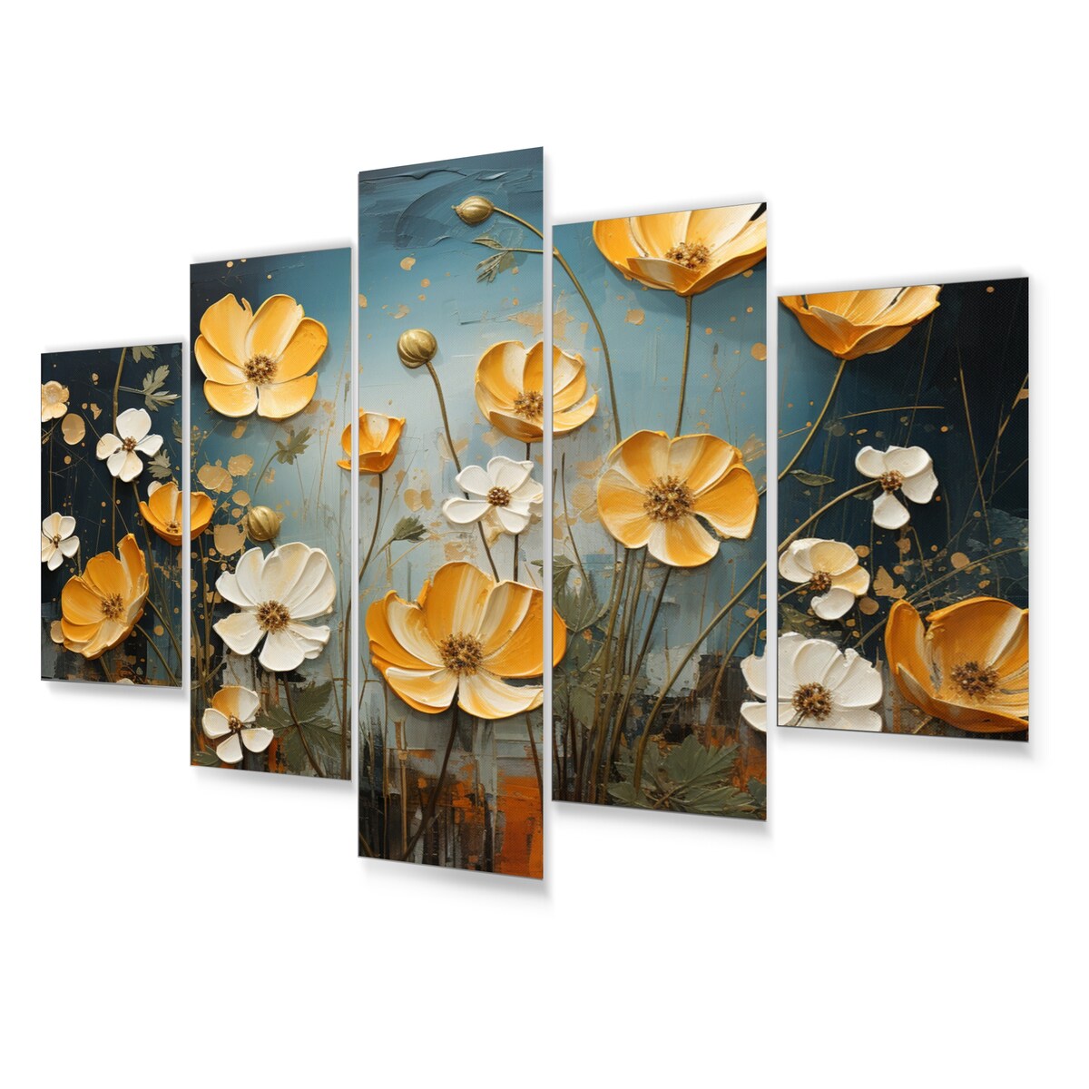 Designart "Yellow Blue Buttercups Golden Glow Patchwork II" Floral Metal Art Print Set