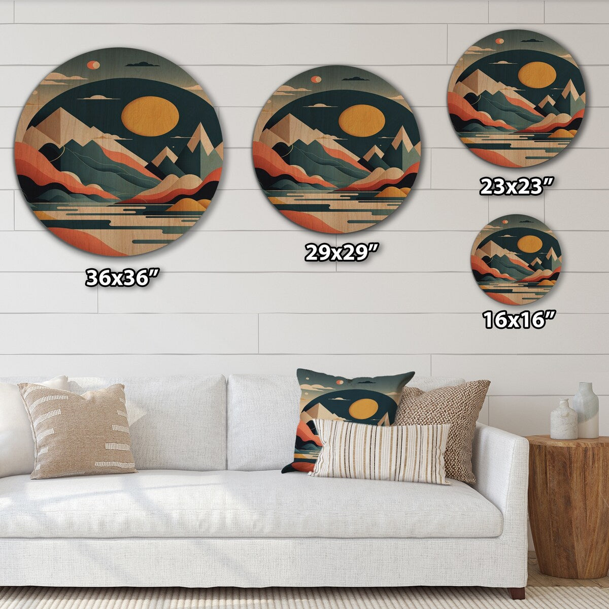 Designart "Yellow Graphic Moon In The Mountains II" Landscape Mountains Wood Wall Art - Natural Pine Wood