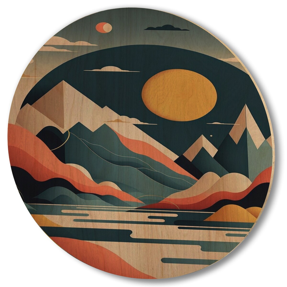 Designart "Yellow Graphic Moon In The Mountains II" Landscape Mountains Wood Wall Art - Natural Pine Wood