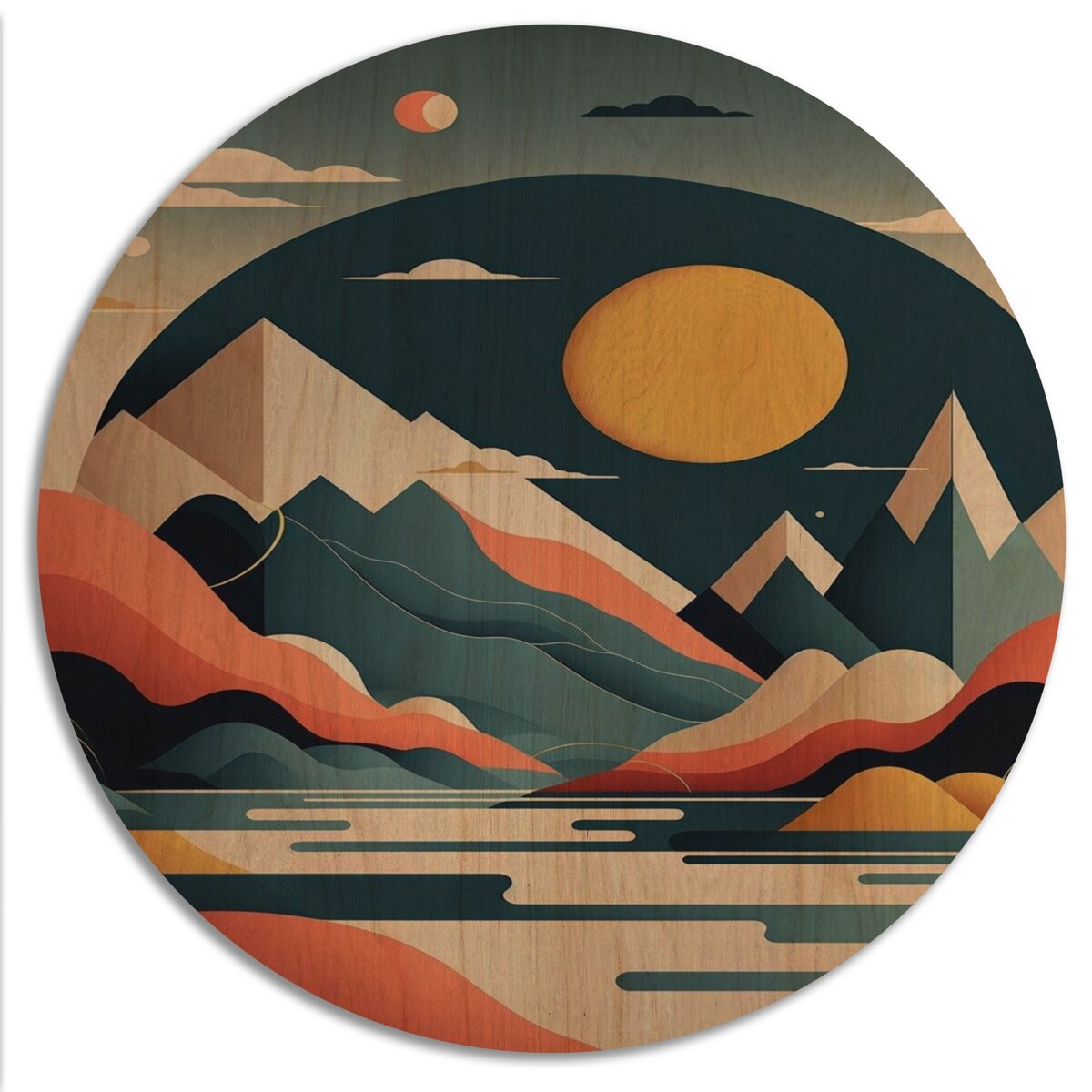 Designart "Yellow Graphic Moon In The Mountains II" Landscape Mountains Wood Wall Art - Natural Pine Wood