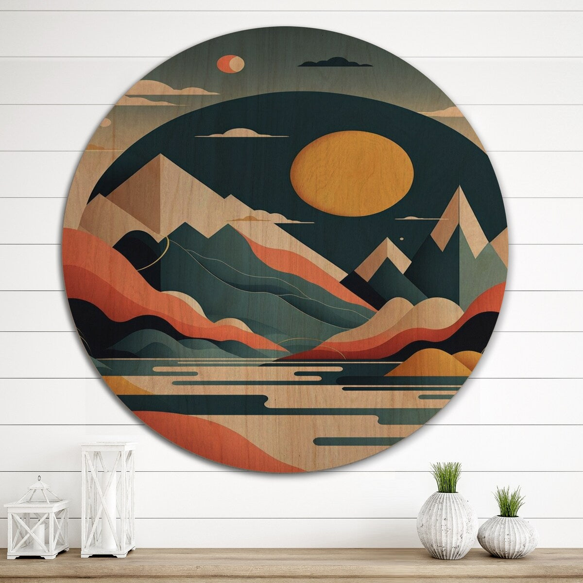 Designart "Yellow Graphic Moon In The Mountains II" Landscape Mountains Wood Wall Art - Natural Pine Wood