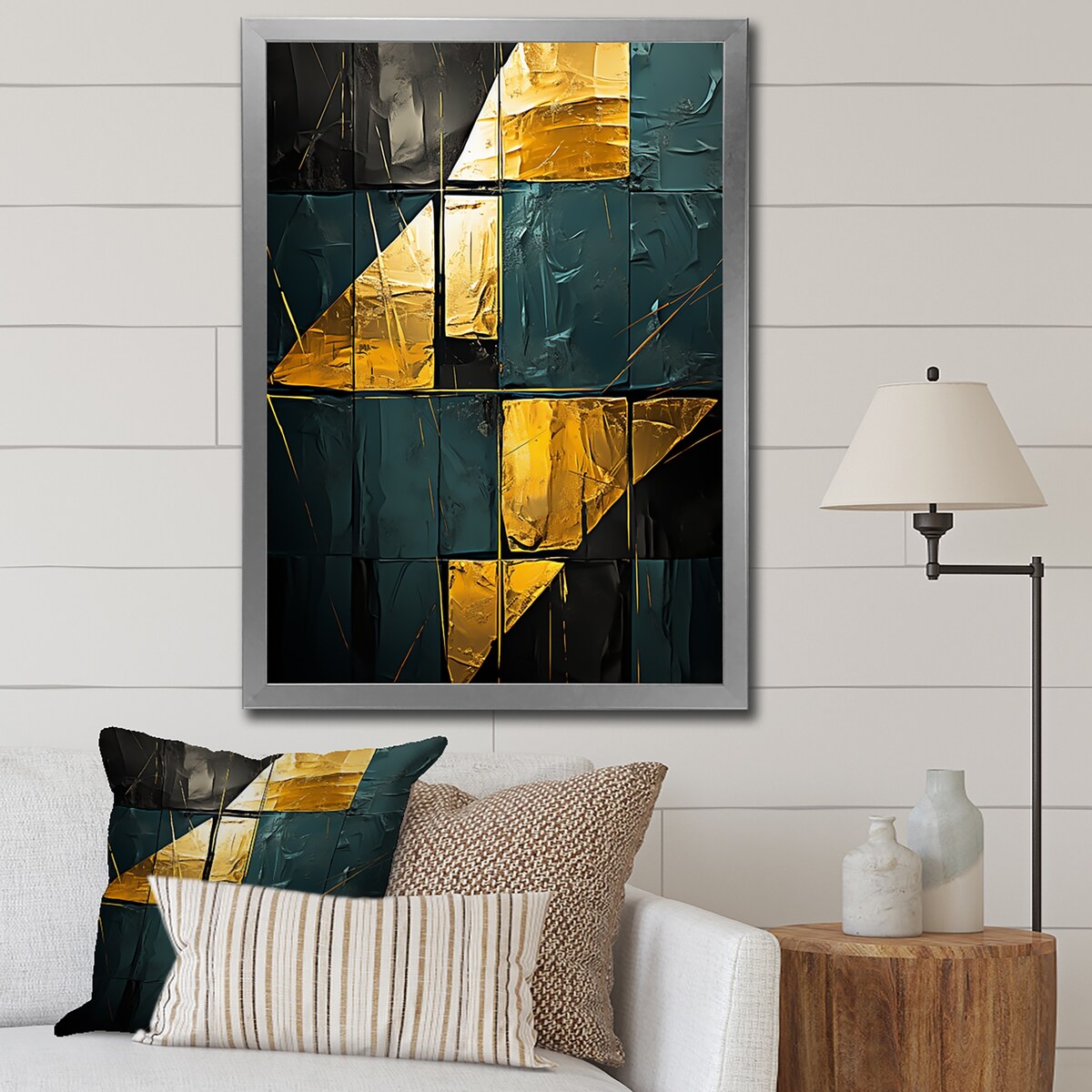 Designart "Yellow Interlude Abstract Expressionism Teal" Abstract Painting Framed Wall Art Living Room