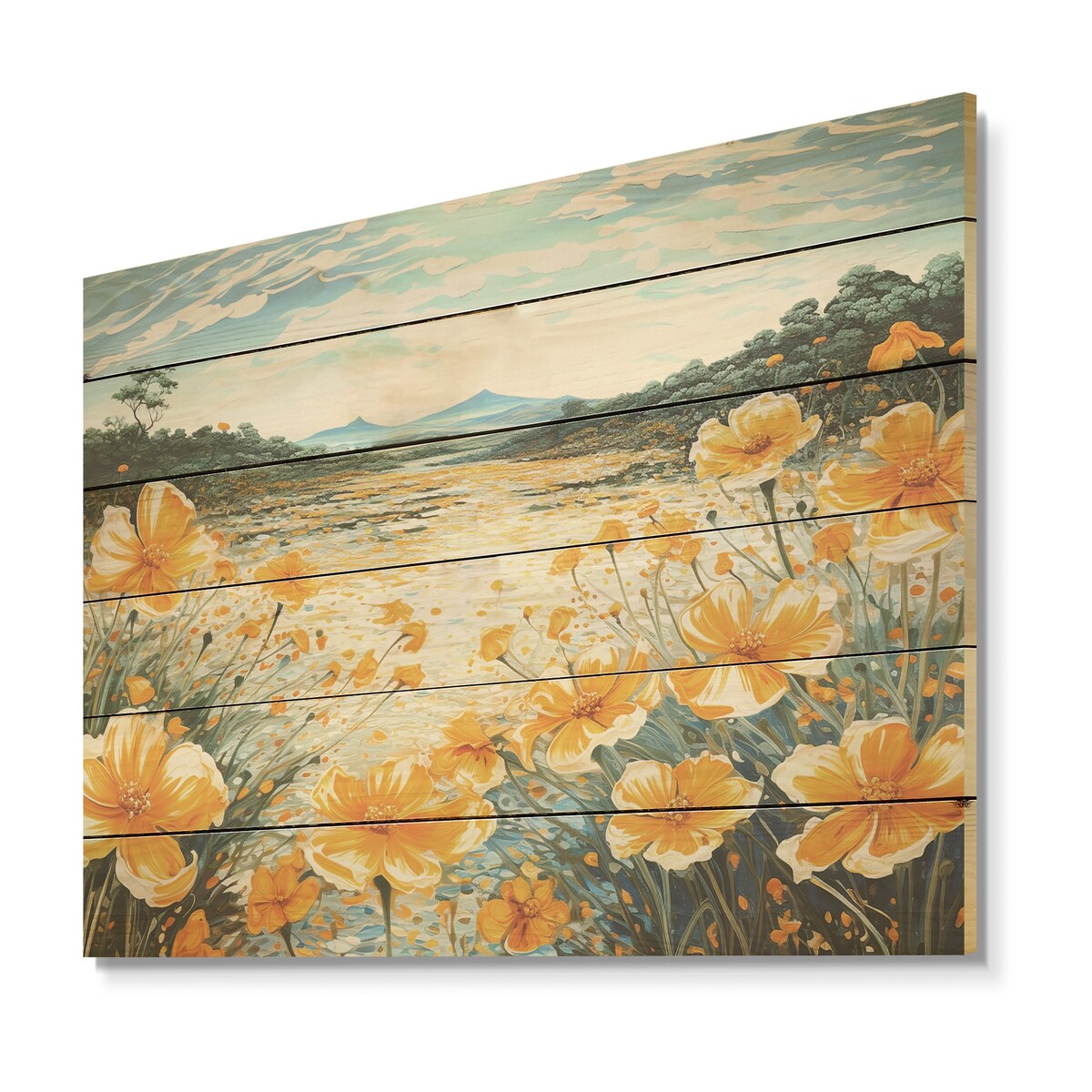 Designart "Yellow Marigold Liquid Art Flower Field" Flower Field Wall Art Yellow Wood Panel On Natural Pine Wood