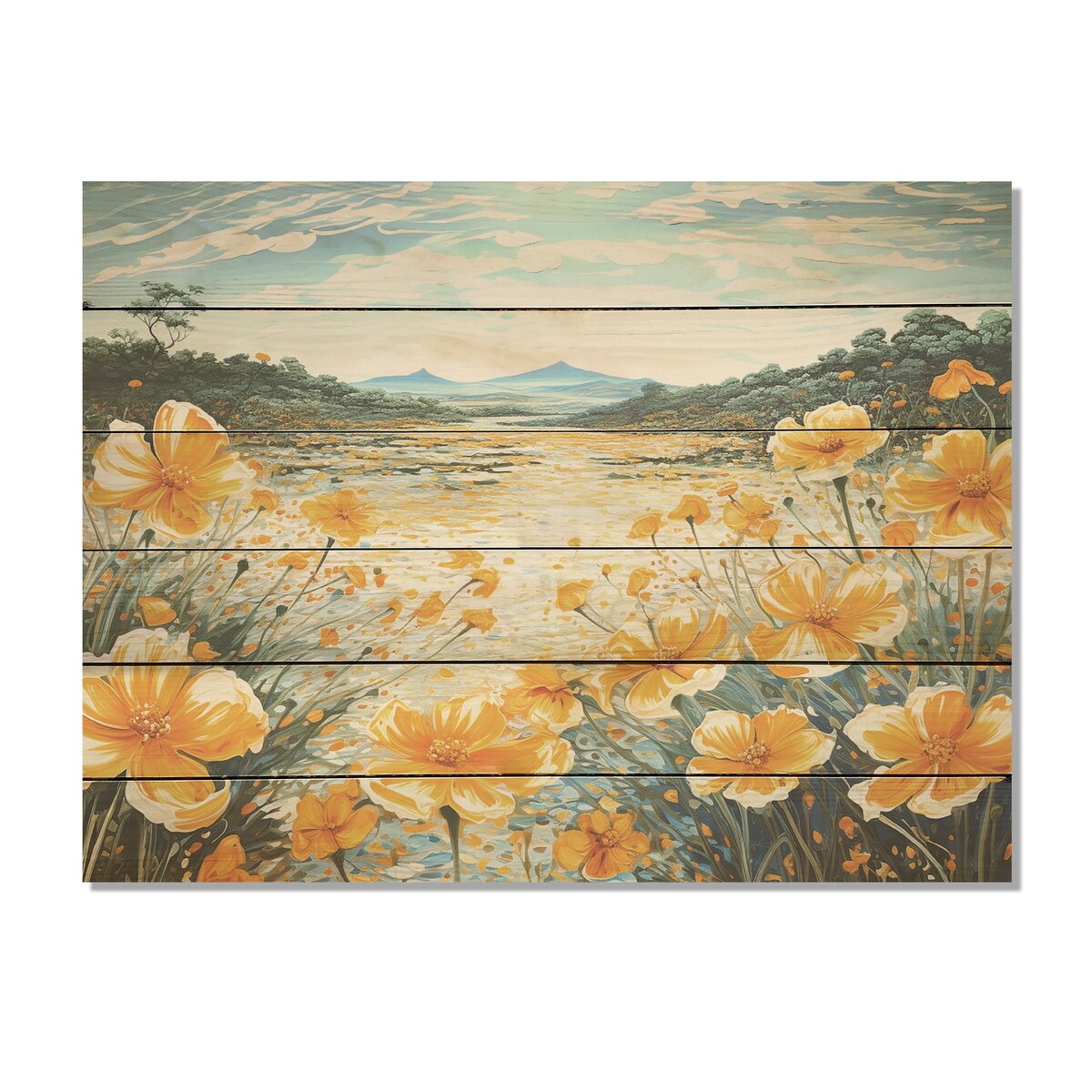 Designart "Yellow Marigold Liquid Art Flower Field" Flower Field Wall Art Yellow Wood Panel On Natural Pine Wood