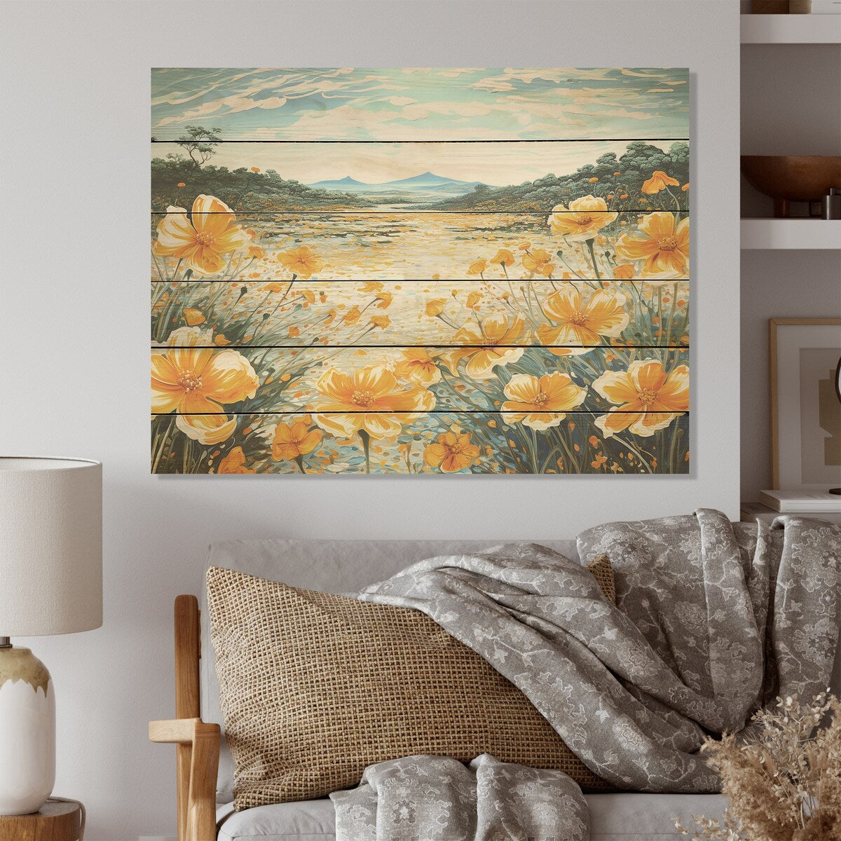 Designart "Yellow Marigold Liquid Art Flower Field" Flower Field Wall Art Yellow Wood Panel On Natural Pine Wood