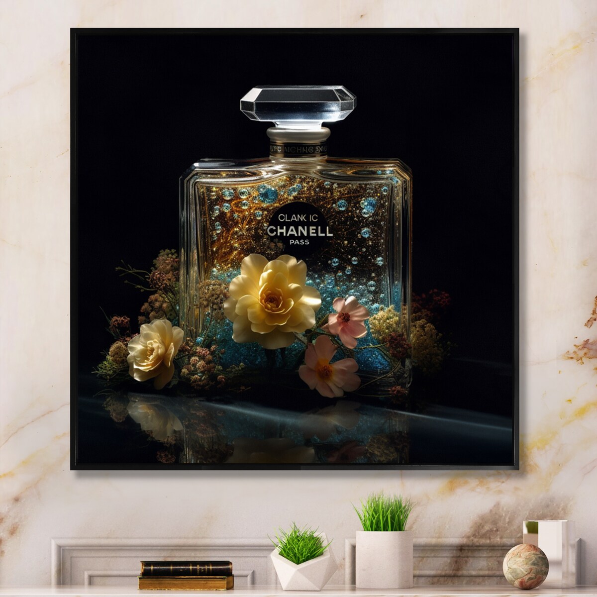 Designart "Yellow Perfume Fragrance Connoisseur" Fashion Perfume Framed Canvas Wall Art