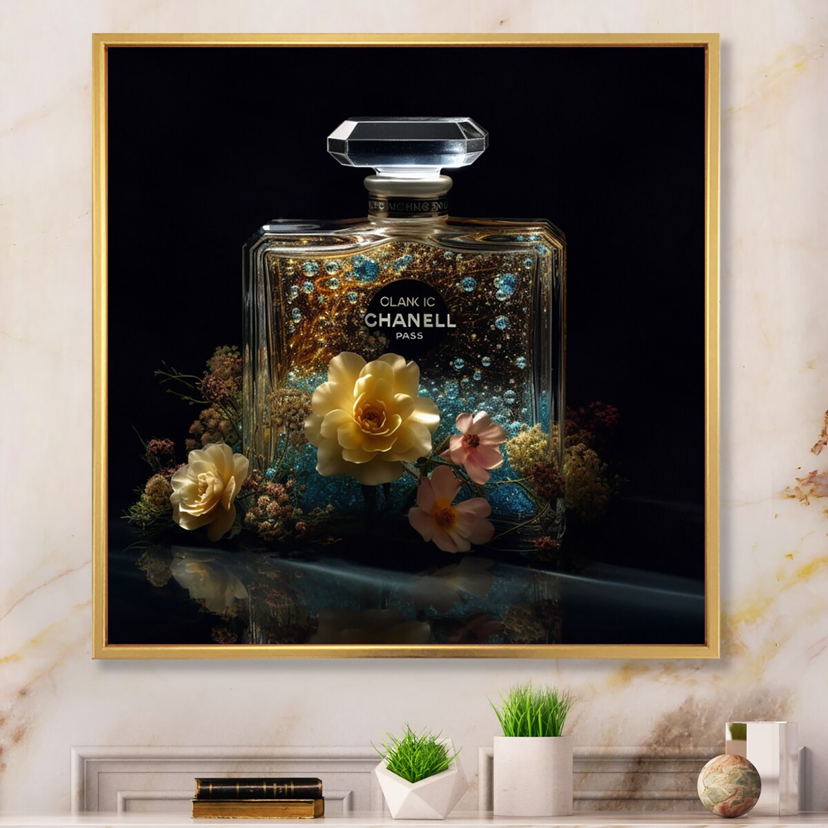 Designart "Yellow Perfume Fragrance Connoisseur" Fashion Perfume Framed Canvas Wall Art