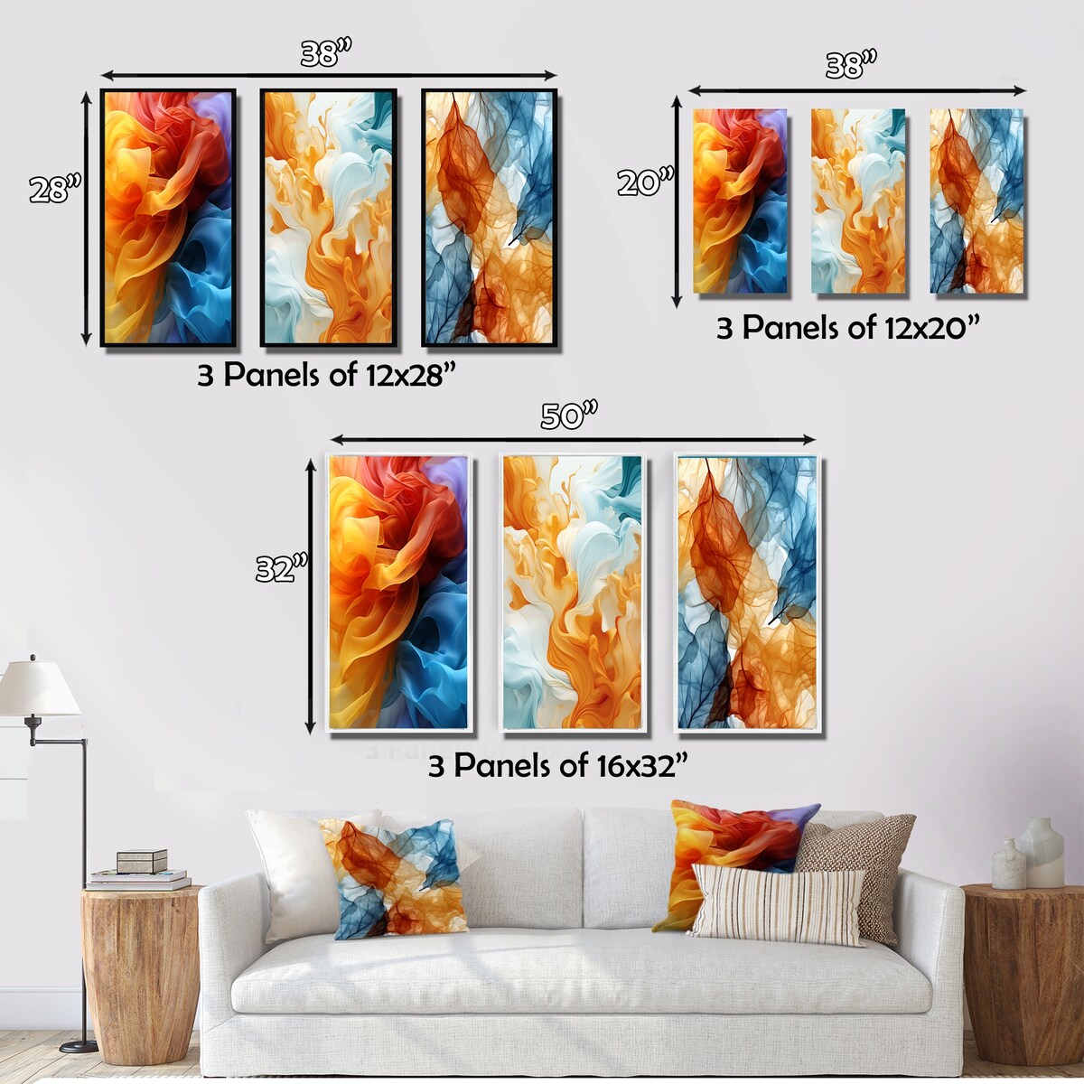Designart "Yellow Red And Blue Wave Pattern" Abstract Shapes Wall Art Set Of 3 Transitional Printed Art Set For Bedroom