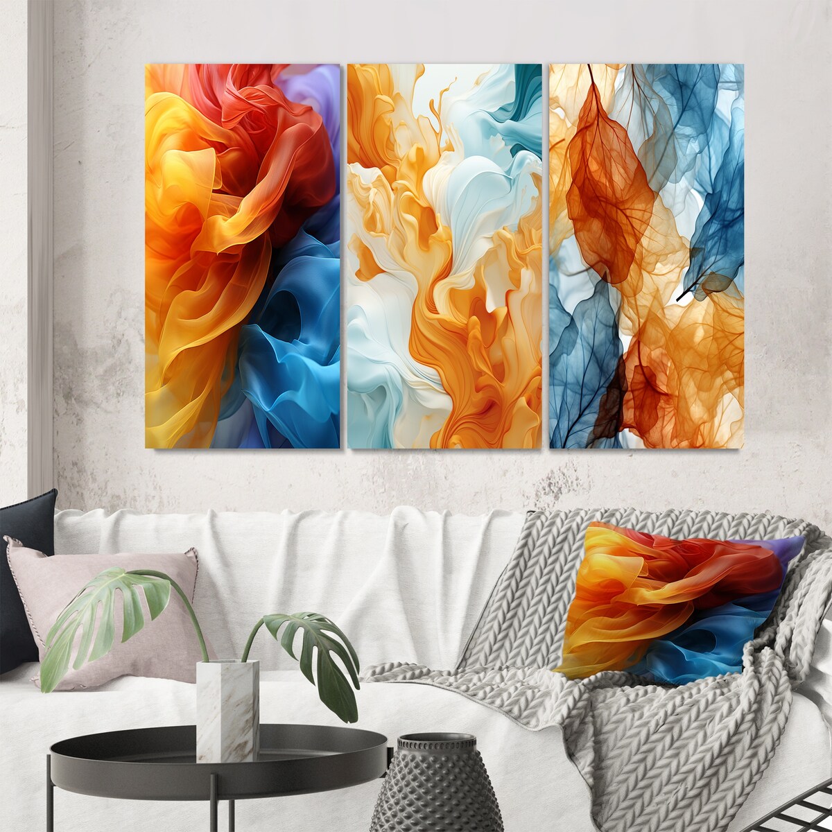 Designart "Yellow Red And Blue Wave Pattern" Abstract Shapes Wall Art Set Of 3 Transitional Printed Art Set For Bedroom