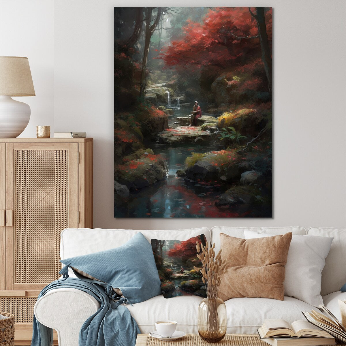Designart "Zen Asian Garden With Steam Ii" Japon Landscape Canvas Wall Art