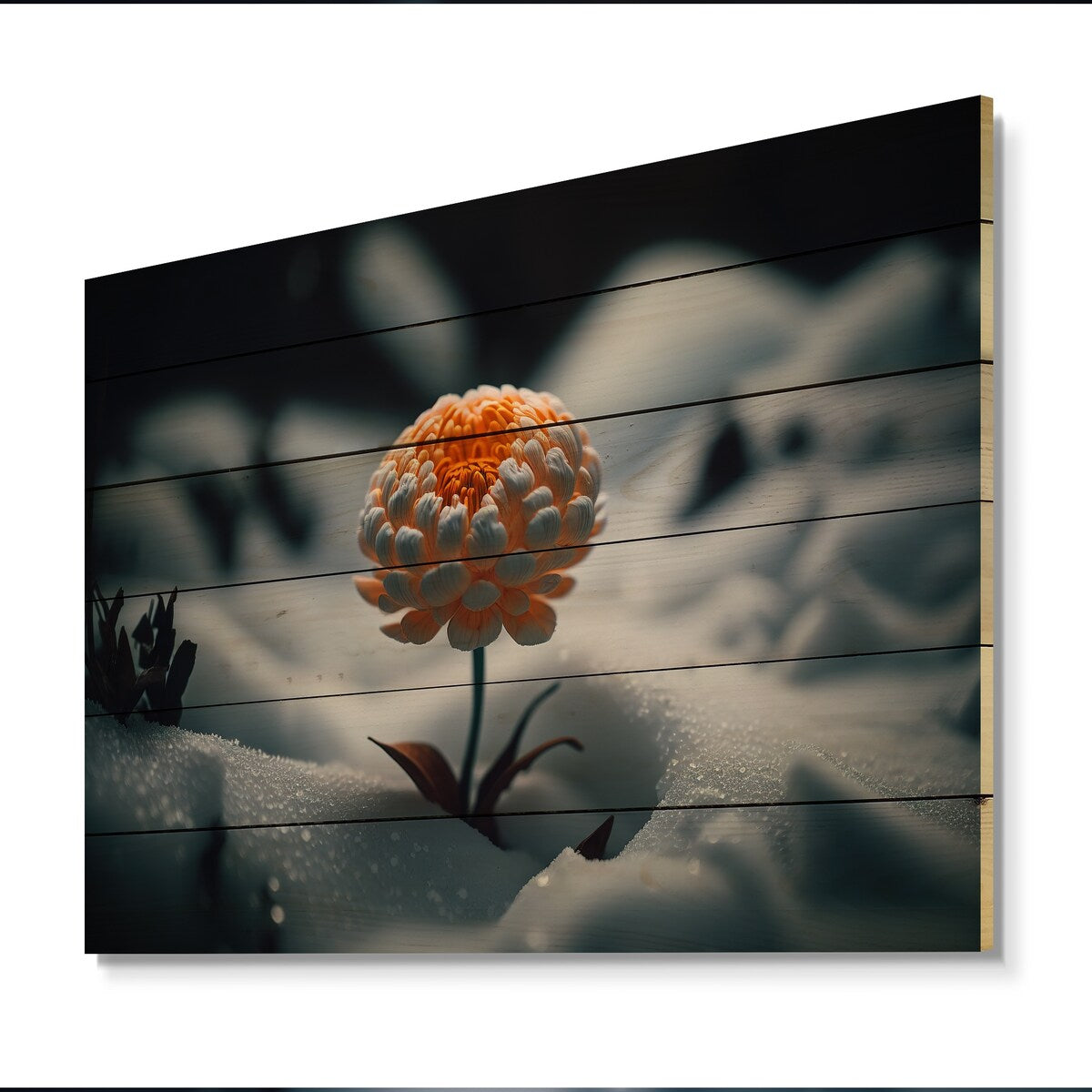 Designart 'A Blooming Orange Marigold Flower In Winter II' Floral Marigold Wood Wall Art - Natural Pine Wood