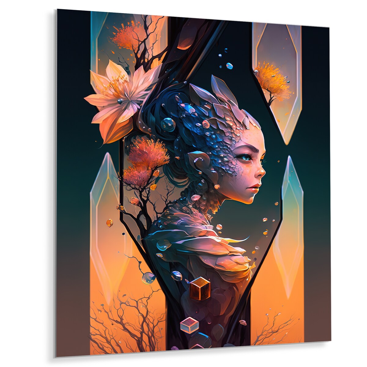 Designart 'Alien Face With Flowers 2 Hexagon' Woman Sci-Fi Metal Wall Art