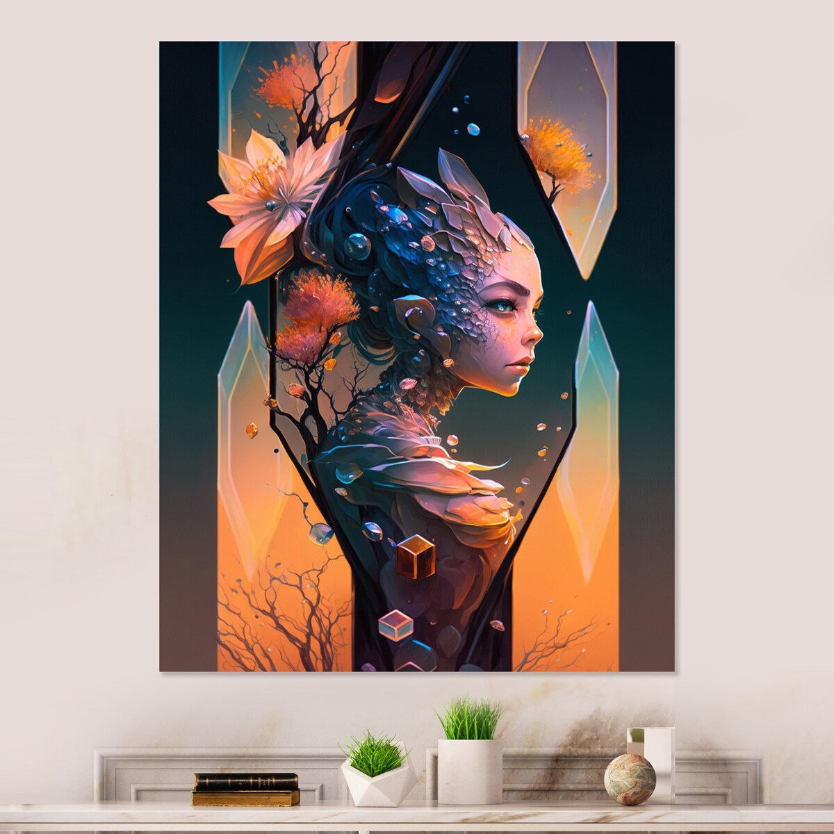 Designart 'Alien Face With Flowers 2 Hexagon' Woman Sci-Fi Metal Wall Art