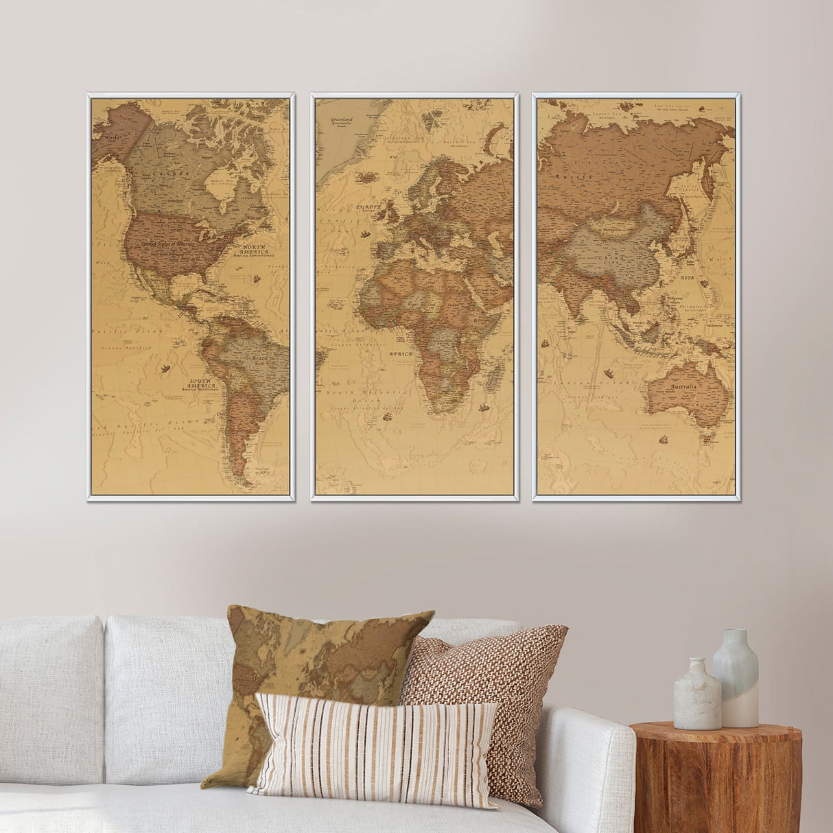 Designart "Ancient Map of The World III" Vintage Framed Artwork Set of 3 - 4 Colors of Frames