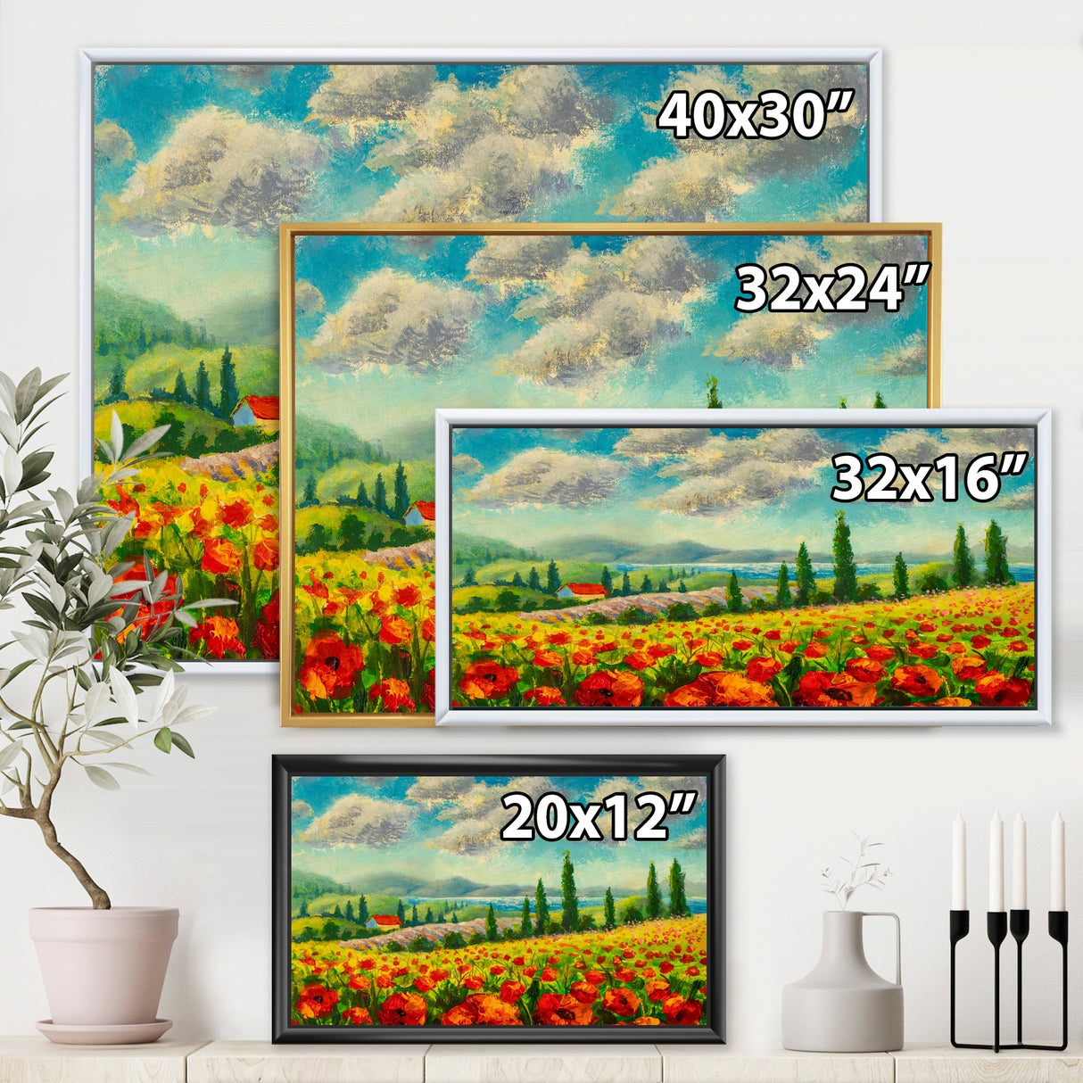 Designart "Beautiful Landscape With Poppies Flowers In Italy" Traditional Framed Canvas Wall Art Print